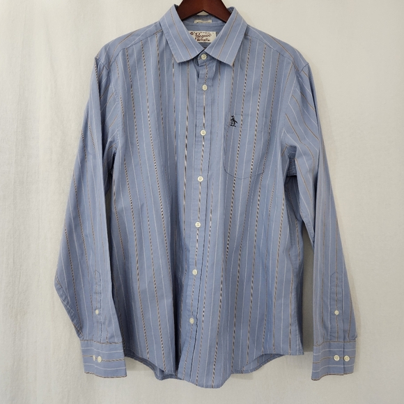 Original Penguin Classic Fit Button Down Dress Shirt in Blue & White Stripes - Picture 1 of 4